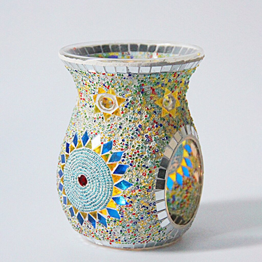 Mosaic Glass Oil Burner Candle Holders, Tea Night Light Holders Handmade Artwork for Home Decor Party Decorations: Blue Yellow