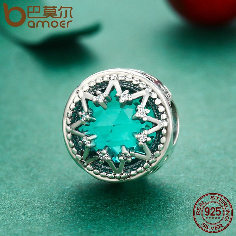 Bamoer romântico 925 prata esterlina brilhante floco de neve contas de cristal verde ajuste feminino pulseira jóias presente natal scc308