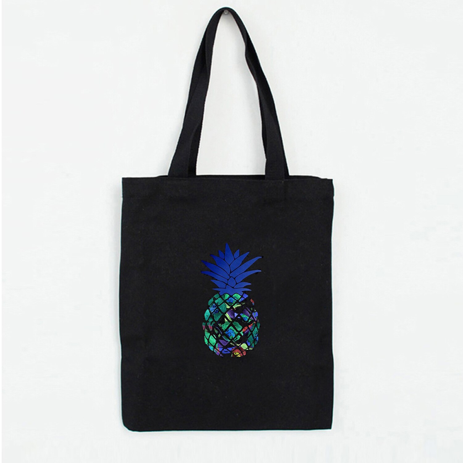 Bolsa reutilizável de lona com estampa de abacaxi, sacola de tecido colorida com grande capacidade para compras, bolsa de praia para mulheres: W32BLACK