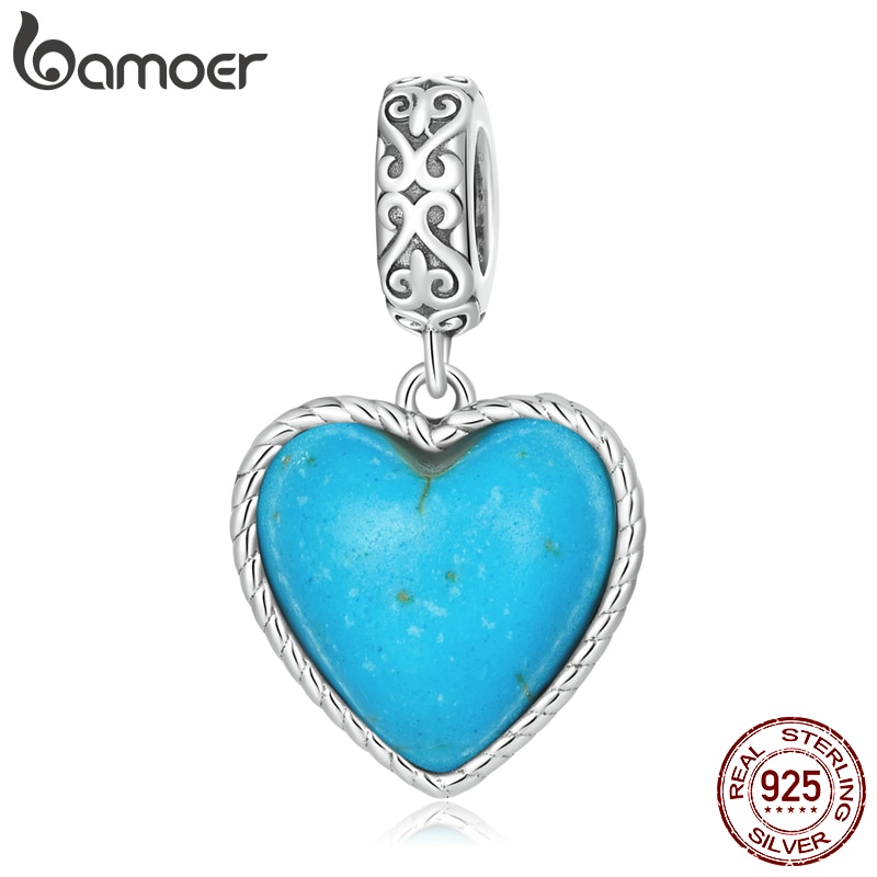 Bamoer Blauw Liefde Turquoise Hanger Echt 925 Sterling Zilveren Hart Charme Voor Zilveren Armband &amp; Armband Fijne Sieraden Maken