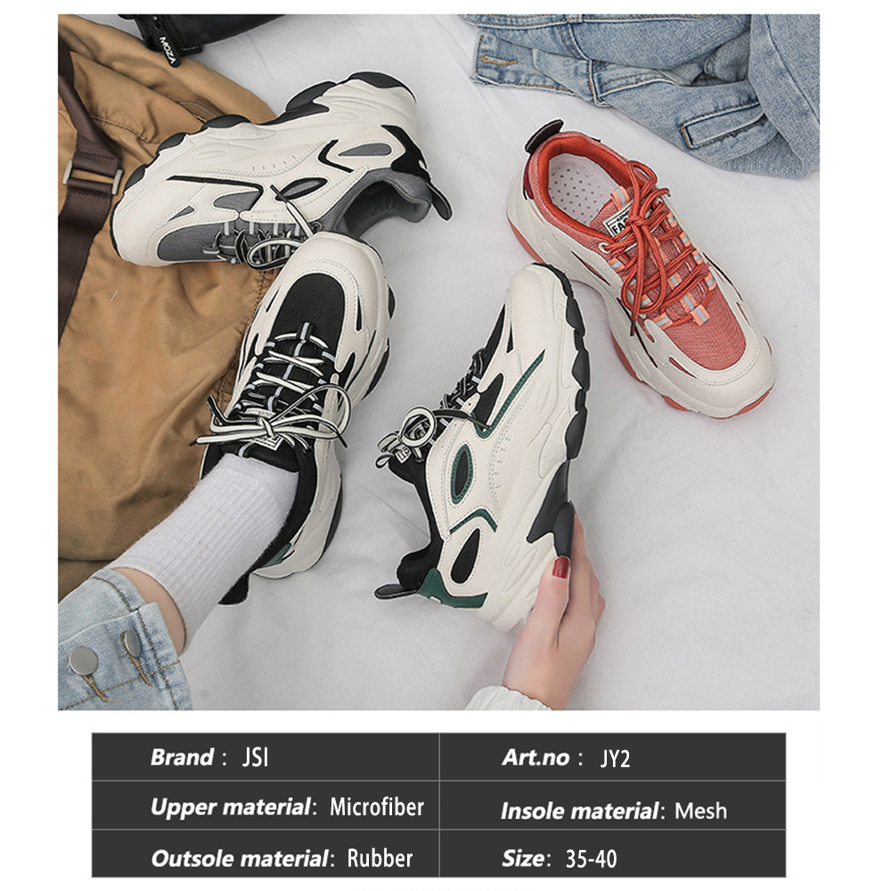 JSI Women Chunky Flat Platform Sneakers Round Toe Lace-Up Mixed Colors Air Mesh Casual Shoes Narrow Band Breathable Sneakers JY2
