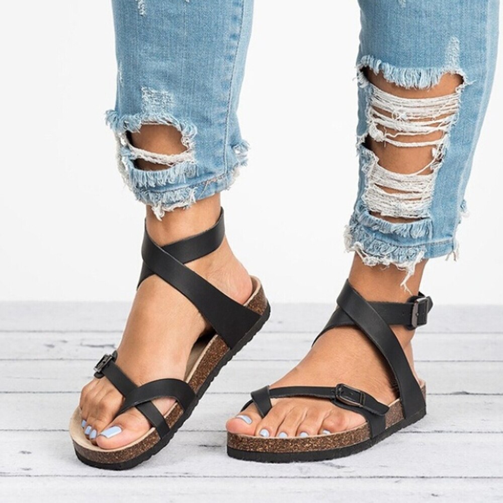 Women's Sandals Shoes Summer Toe Thick Flat Solid PU Casual Girl Beach Female Flops Ladies Footwear Women Black Brown 35-43