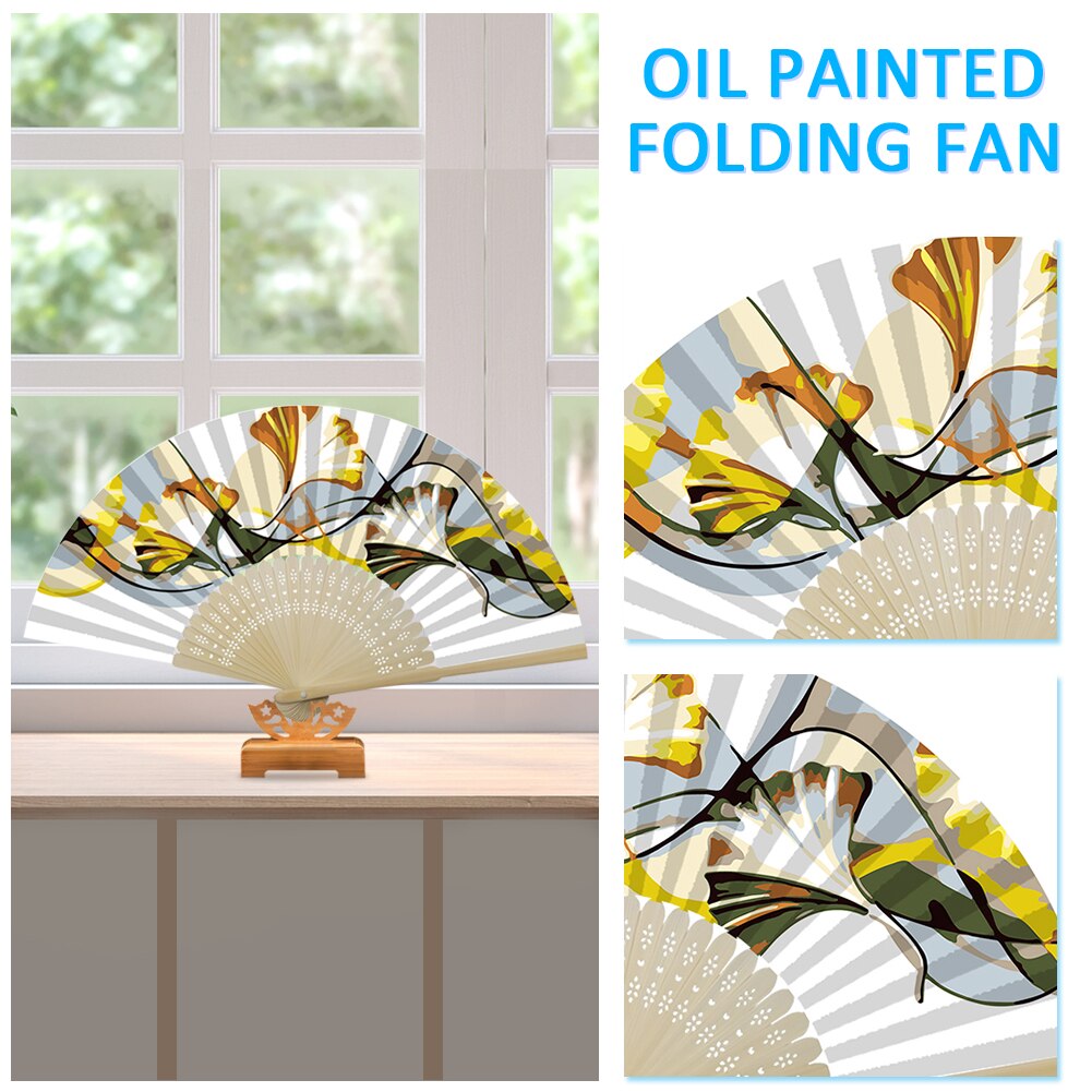 Handmade Oil Painting Ginkgo Leaf Folding Fan By Numbers DIY Painted Craft Home Decoration Digital Oil Painting Fan