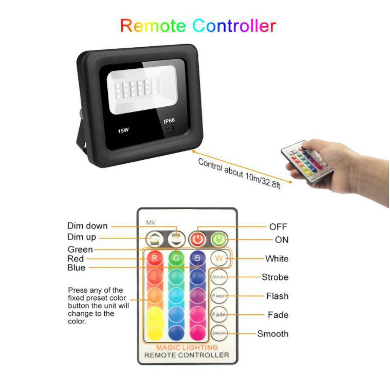 LED Flood Light IP66 Waterproof Outdoor 7 Colors Change RGB RC Floodlight Projector Reflector Lamp Spotlight AC85-265V 55W
