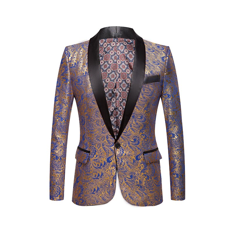 Männer Gold überzogene schwarz kragen anzug einstellen Hochzeit Gold Blumen- aufbringen schlank passen Party Prom Kleid Rauchen Sänger Kostüm jacke: Königliches Blau / uns Größe 42R