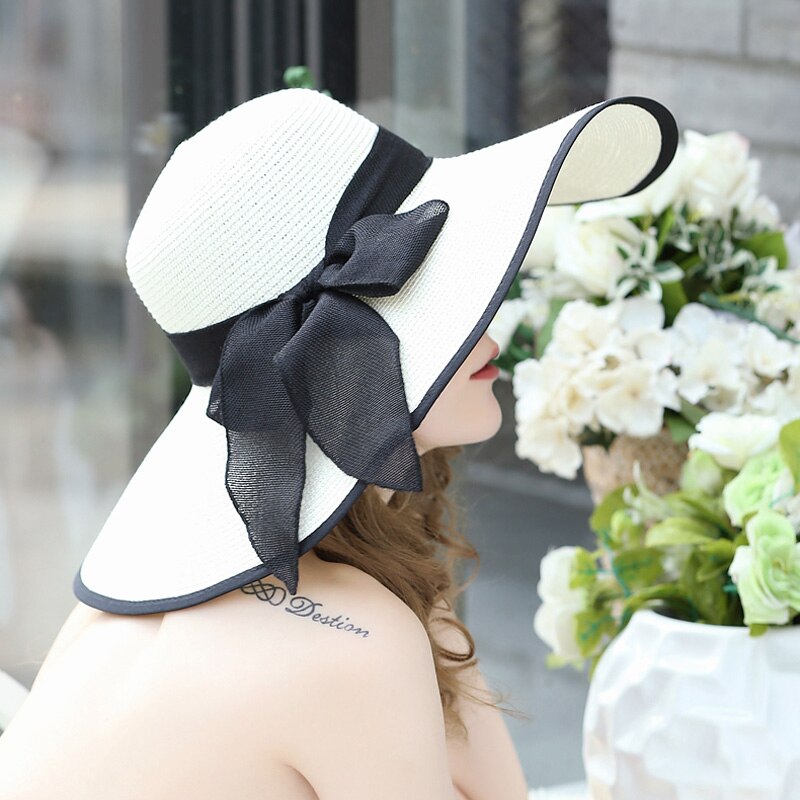 Sommer stor randen stråhat floppy bred randen solhue bue knude strand foldbare hatte hatte til kvinder: Mælkehvid