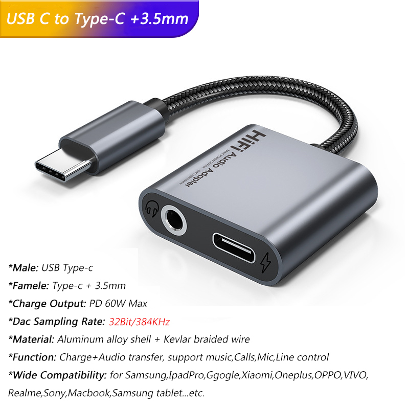Adapter słuchawkowy 2 w 1 USB typu C z gniazdem 3,5 mm Dac USB C Audio Adaptator do Samsung S24 Plus S25 Ultra Iphone 16 Pro Max Ipad: Black