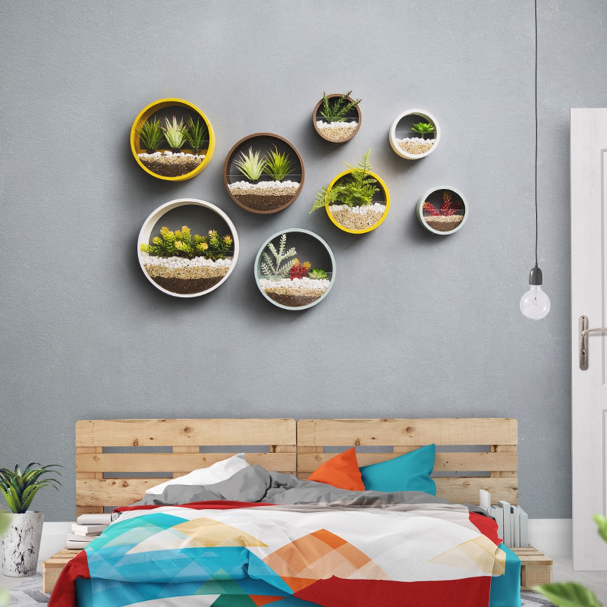 Vase mural rond en métal et fer, couleur unie, panier de fleurs artificielles, jardinière murale suspendue, artisanat de décoration pour la maison