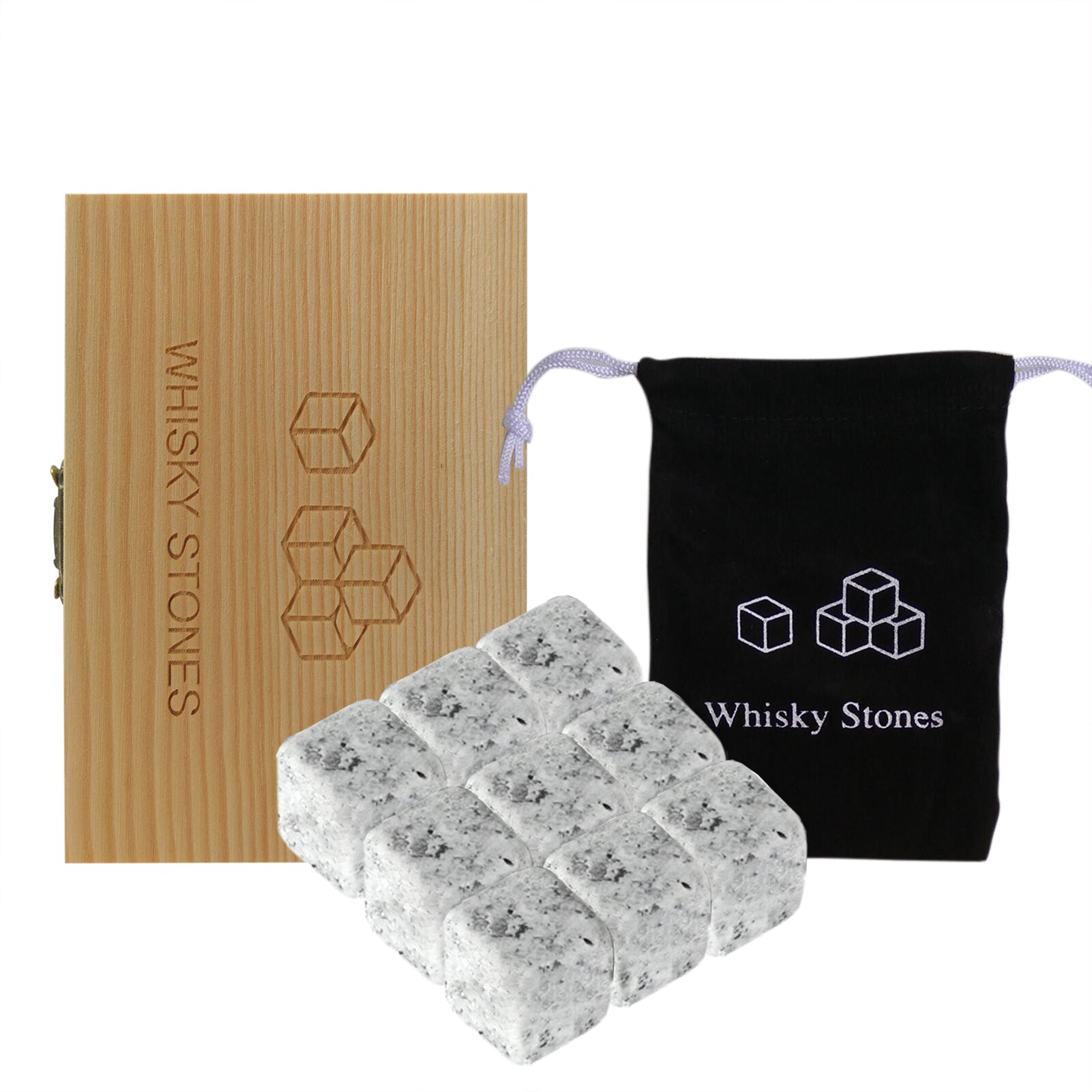 Whiskey Stones Set 9 Granite Whiskey Chill Rocks with Wooden Box and Velvet Bag Wine Stones Reusable Wine Chillers Whisky Stones: Black  White