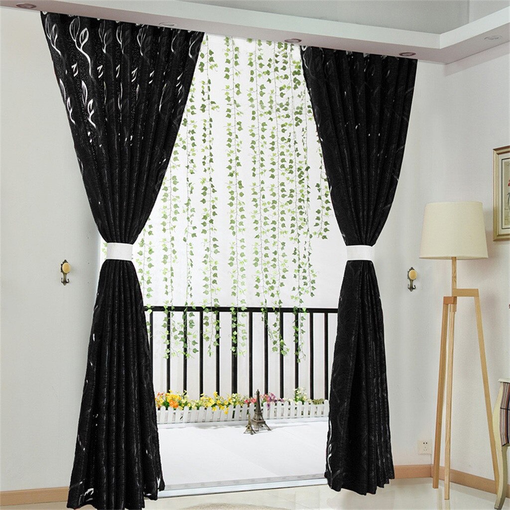 1 Pcs Vines Leaves Tulle Door Window Curtain 100x130cm Drape Panel Sheer Scarf Valances Fly Curtain For Door Beads #LR1: Black