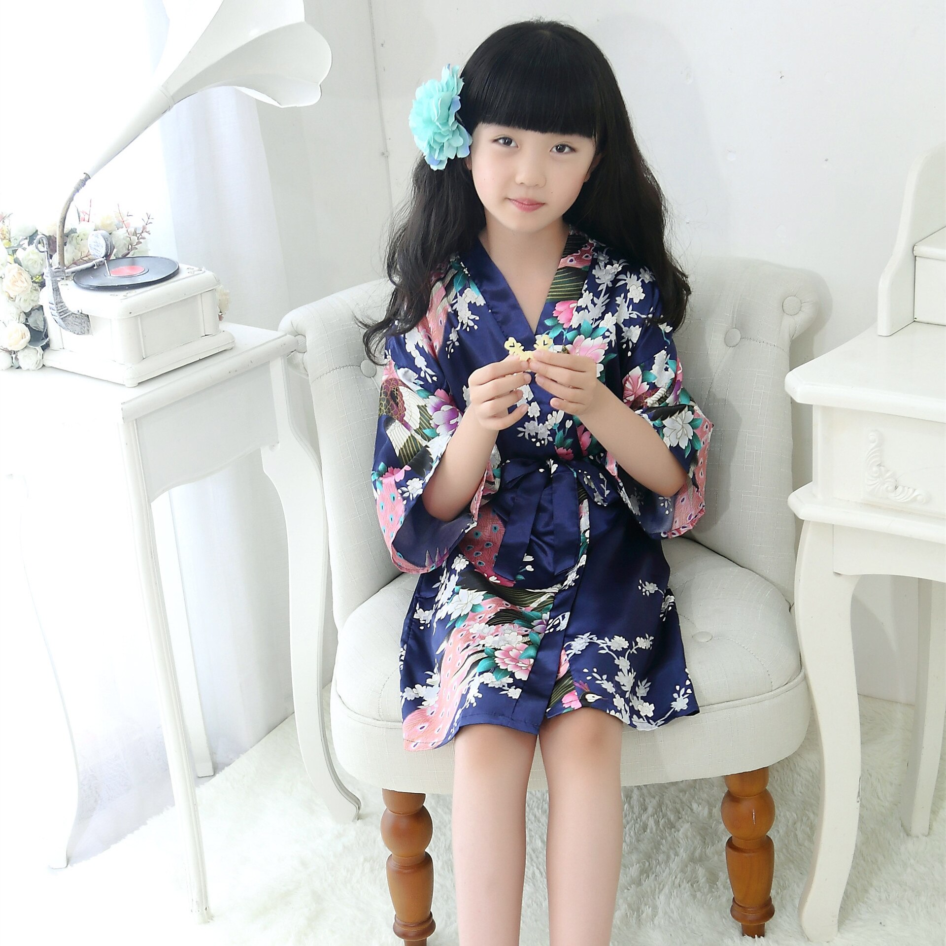 Japansk kimono barn satin pyjamas siden barn påfågel skönhet nattlinne badrock bebis flicka pyjamas sovkläder 3-12 y: B / 4 y