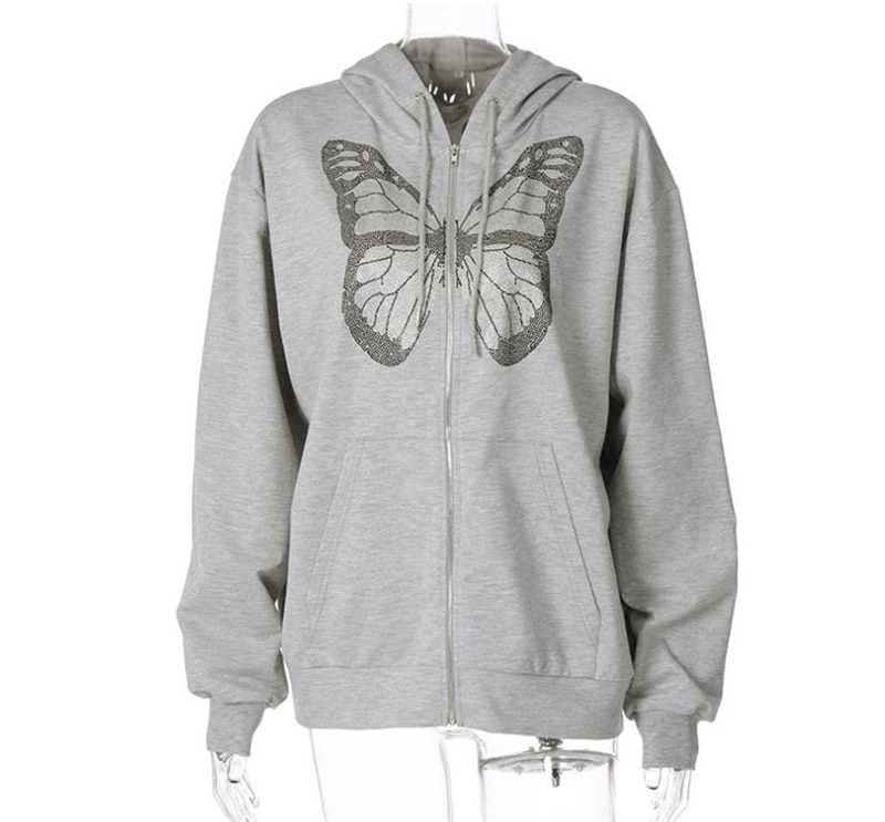 Damen Schmetterling Diamanten Hoodie Ourwear Mädchen Herbst Solide Langarm lässig Reißverschluss Jacke für Grau