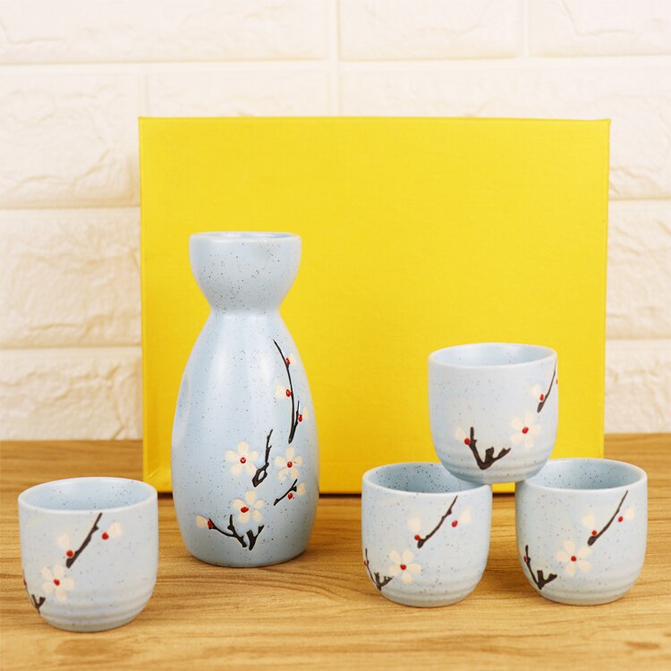 5 Pcs Ceramic Japanese Sake Set Bottle Cups With Cork Stopper Bar Crockery Wine Warm Sets 16 Pattern Wood Tray: O
