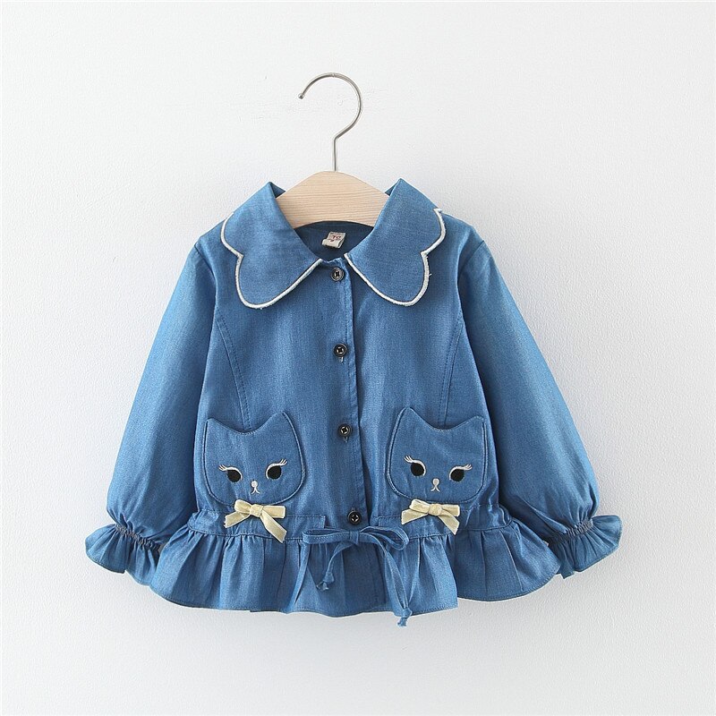Veste en denim printemps/automne pour filles | manteau de chat doux poche, haut à manches longues pour enfants de 0-3 ans, veste d'automne à double poche: 3T