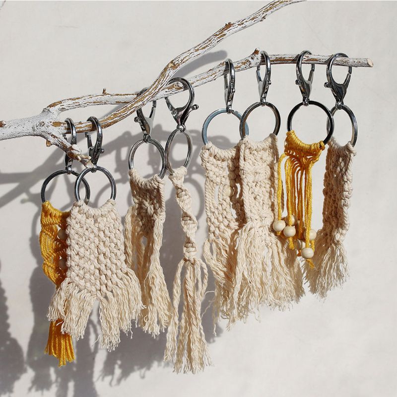 Mini Macrame Keychains Boho Macrame Bag Charms with Tassels Handcrafted Accessory for Car Key Purse Phone Wallet Unique Wedding