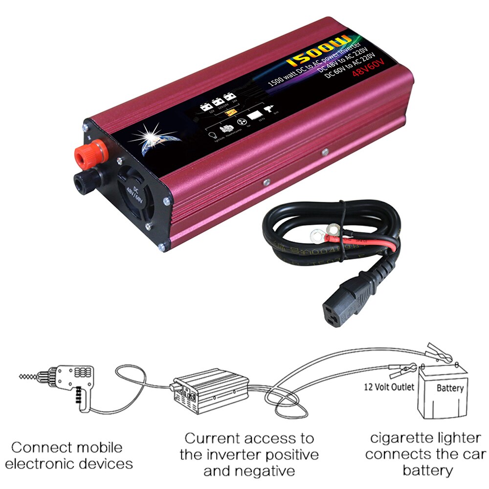Dc 48v/60v to 220v ac-auto-omvormer led-indicator-omvormer met intelligente koeling, universele gemodificeerde sinusgolf 1500w