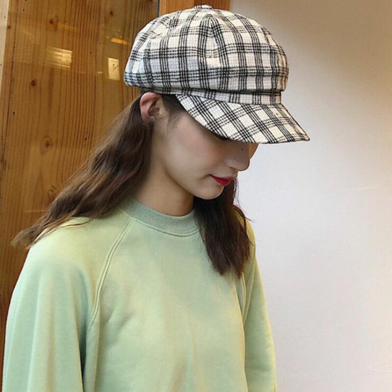 HT2612 Spring Autumn Women Hats Vintage Plaid Octagonal Newsboy Cap Retro Ladies Beret Hat Cotton Artist Painter Hat Women Beret
