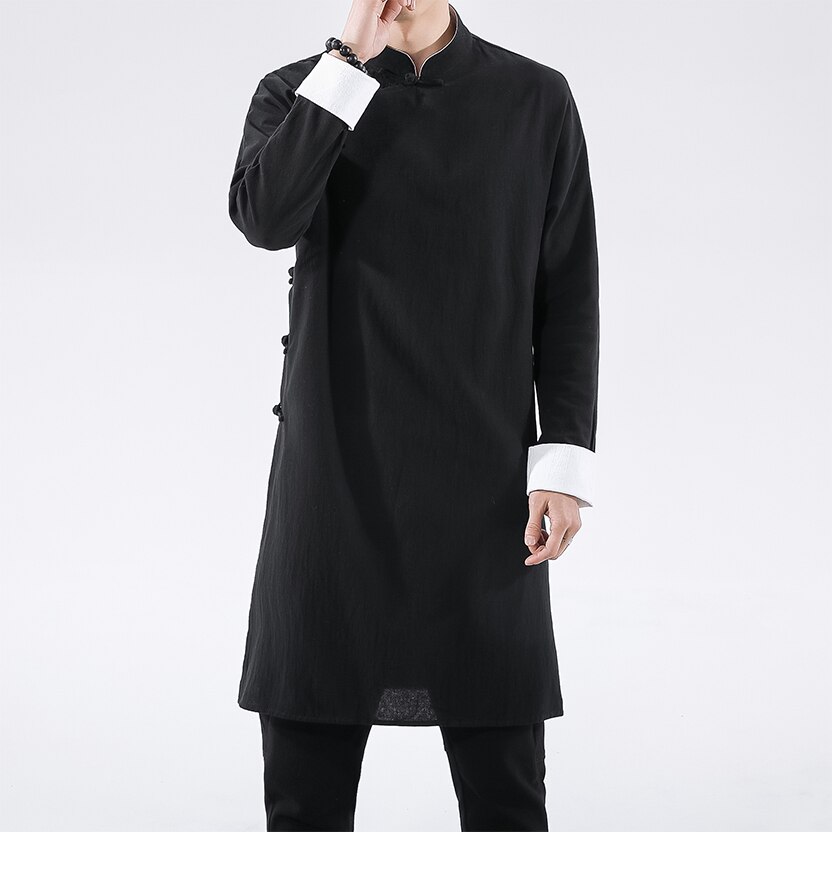 Hanfu – Long manteau noir en lin pour homme, Streetwear, Style chinois, Harujuku, coupe-vent,