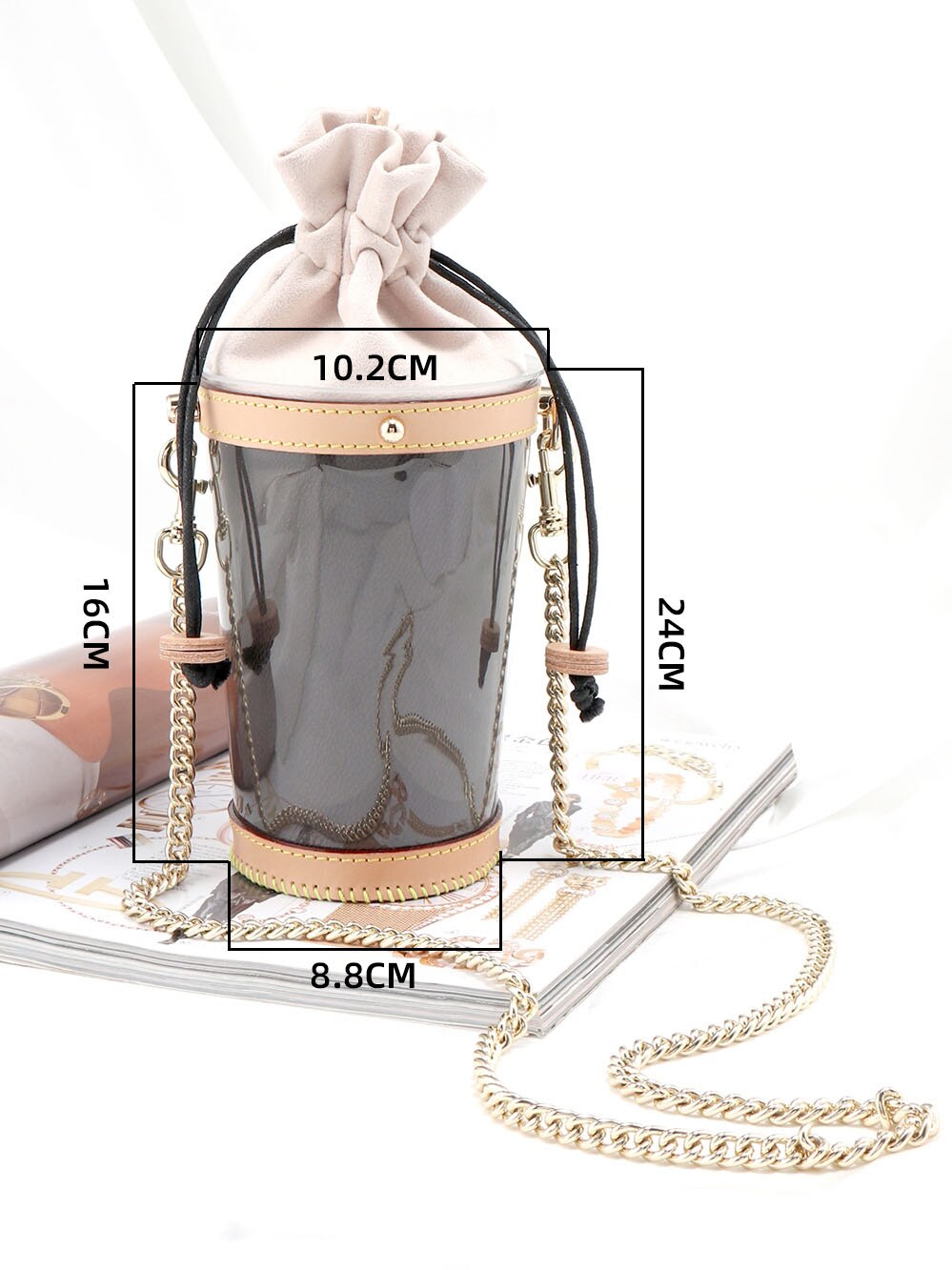 Diy-umhängetasche, mini-schultertasche für damen, durchsichtige pvc-tasche in fassform, diy-papier-kaffee-tasche mit einfacher kette für mädchen