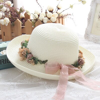 BINGYUANHAOXUAN vrouwen Bloemen Zonnehoed Floppy Opvouwbare Strik Stro Zomer Strand Hoed: milk white / child   49cm-52cm