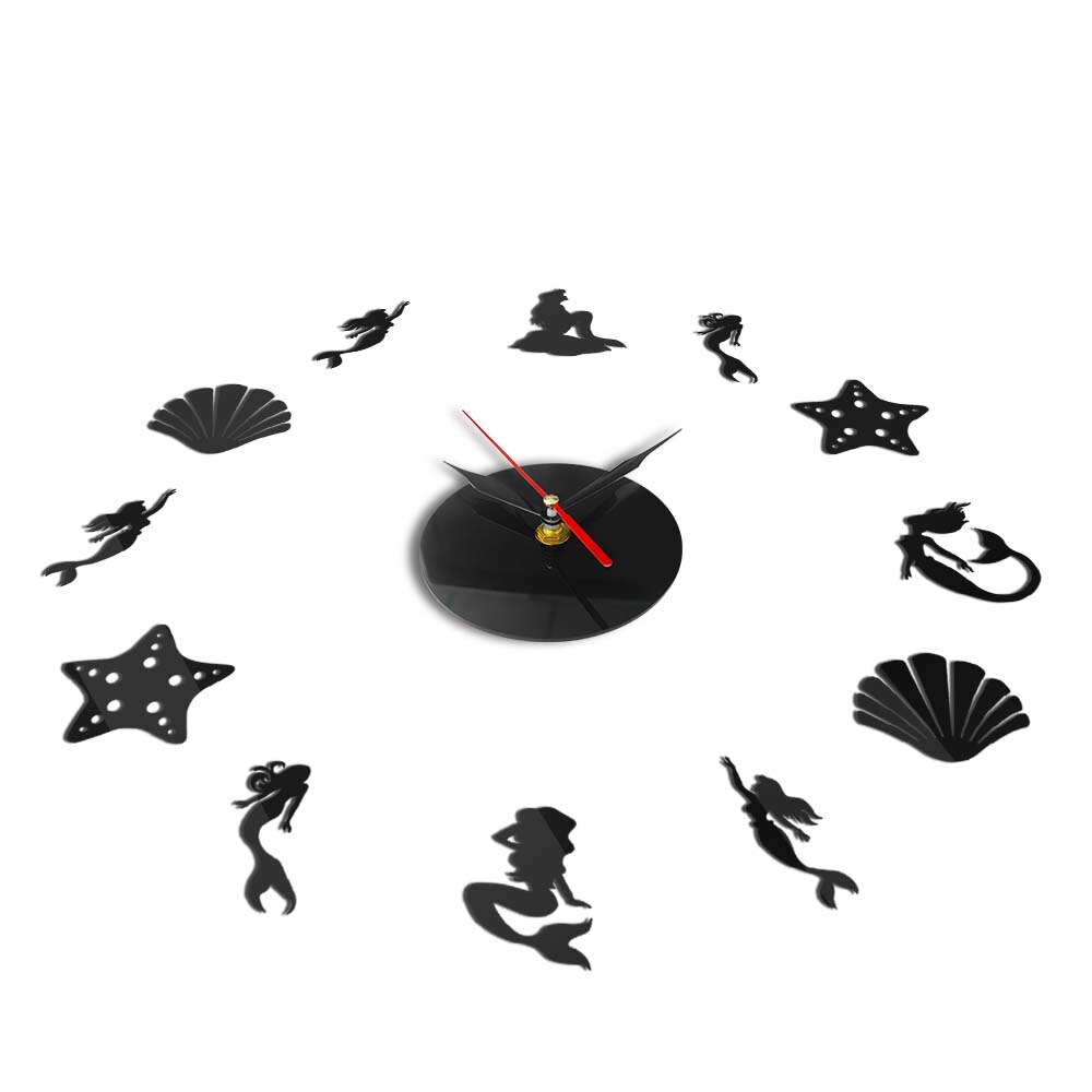 Fairytale Mermaid DIY Big Wall Clock Mermaid Watch Under The Sea Shell Starfish Wall Clock 3D Mirror Effect Wall Sticker