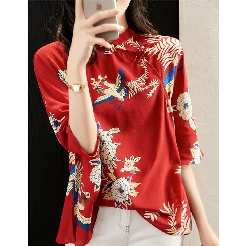 2020 mulheres estilo chinês tradicional camisas chiffon blusas soltas vintage cheongsam topos para feminino vermelho guindaste floral camisa