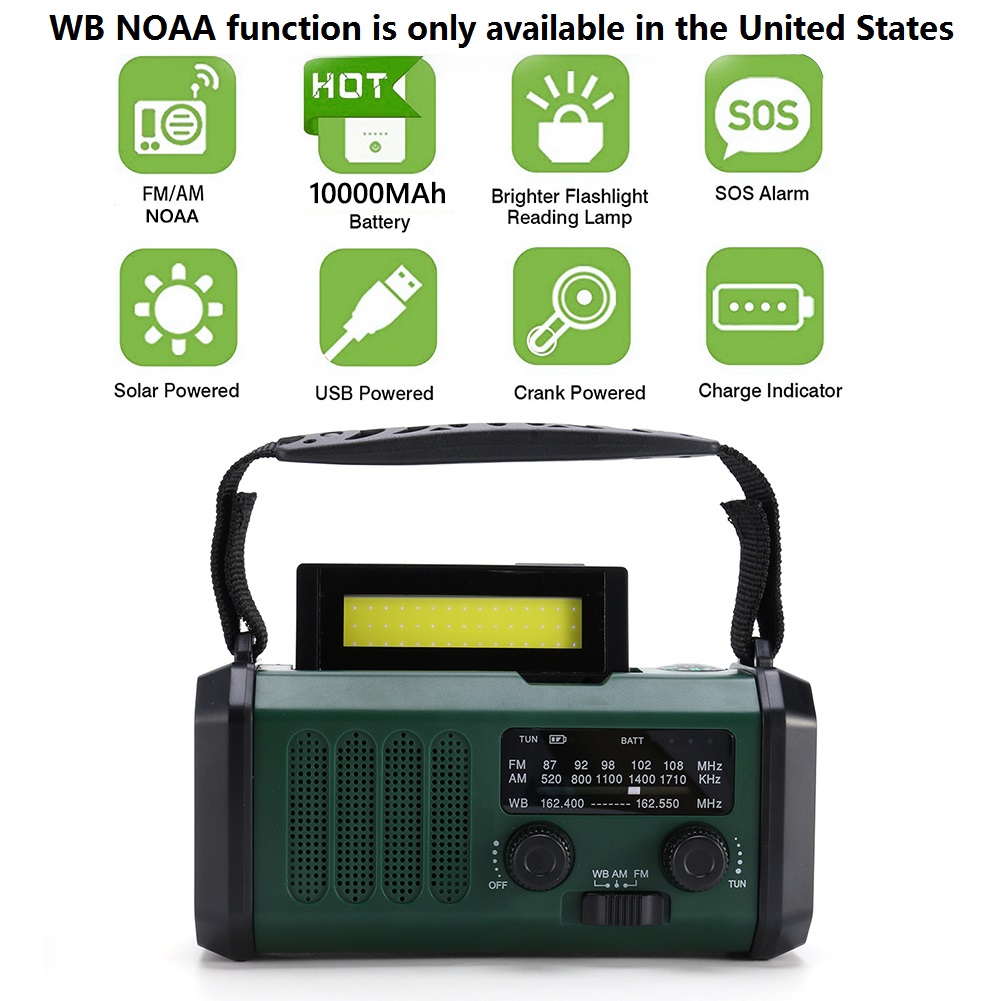 10000mAh Emergency Solar Power Radio Hand Crank Dynamo Wind Up Phone Charger Bank SOS AM/FM/NOAA Pocket Flashlight Radio: Silver