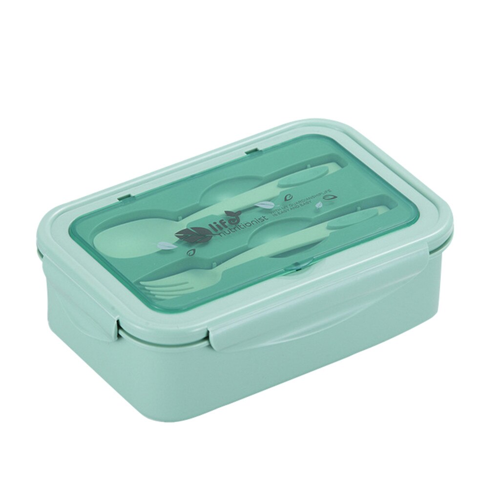 Microwave Oven Lunch Box Food Container Student Office Bento Heated Lunchbox Straw Wheat Korean Plastic Box With Cutlery #LR1: Green