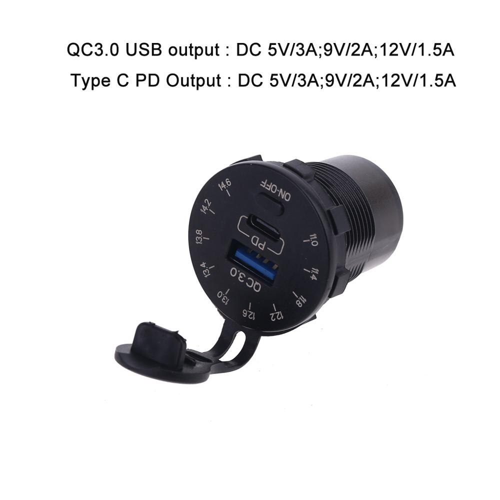 Cargador USB tipo C para coche, dispositivo de carga rápida con voltímetro LED, interruptor de encendido y apagado, 12V, QC3.0: D