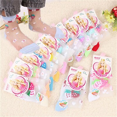 6 paar zomermeisjessokken ultradunne ademende stijl kristal baby kindersokken trendy elastische bedrukte zijden kindersokken: Aardbei willekeurig / 1 to 3 jaar