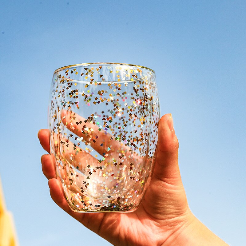 Taza de café de vidrio transparente, vaso de cristal resistente al calor de doble fondo, creativa estrella del cielo, Taza de leche de lentejuelas para whisky y cerveza, 2 uds.