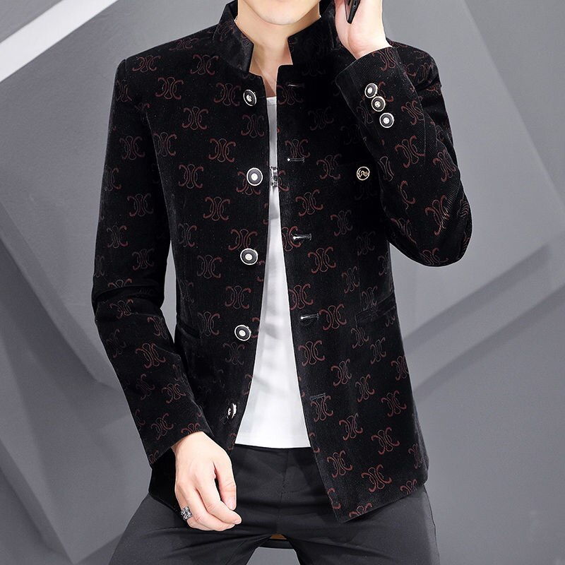 Sztruks garnitur mężczyzna osobowość koreański, Slim Fit 2021 nowa drukowana garnitur Casual stanąć kołnierz mężczyzna marynarka w stylu Vintage Blazers Para Hombre: Red / Korean XXL