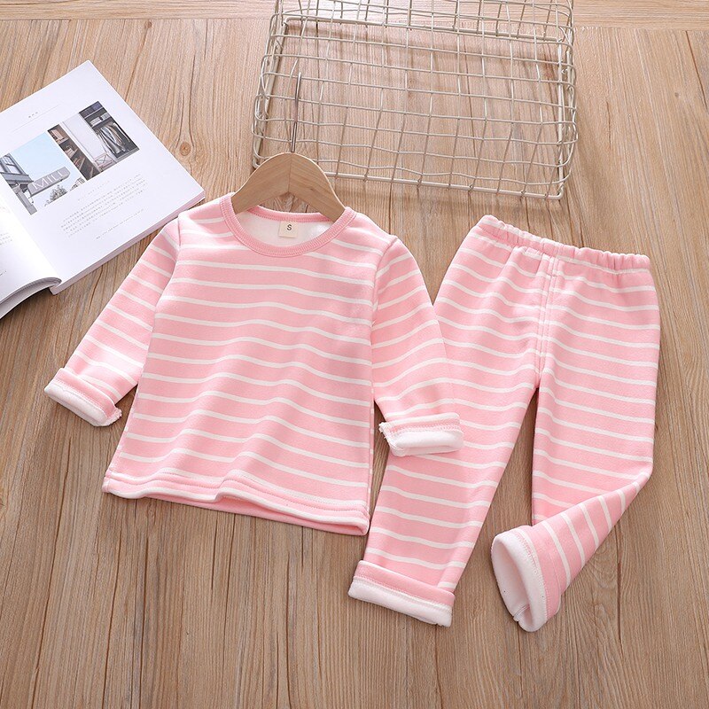 Autumn Baby Kids Girls Boys Thicken Long Sleeve Striped Print Blouse+Pants Pajamas Sleepwear Set: pink / S