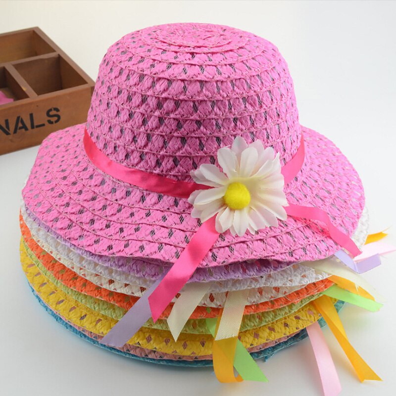 Straw Hat Summer Children Sun Flower Solid Color Lace Sun Hat Kids Sweet Bonnets Girl Beach Travel Hat Cap With Woven Basket