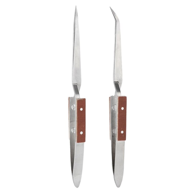 2 X Self Locking Closing Tweezers Straight Curved Tweezer Anvil Wood Grip: Default Title