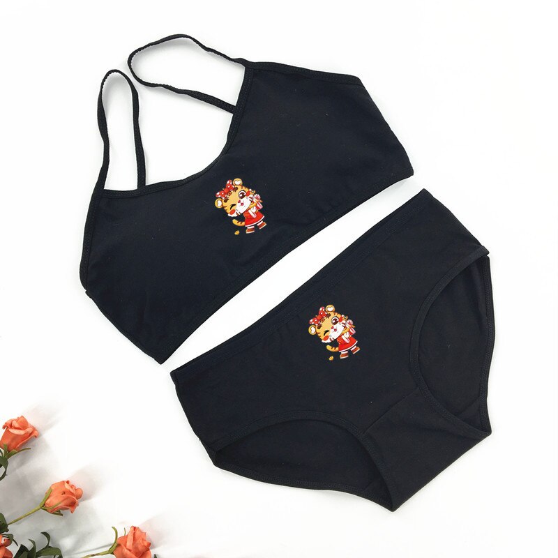 Cotton Girl Solid Color Bra Student Girl Puberty Bra + Panty Suit U-shaped Thin Belt Small Vest Wrap Chest 8-16Y