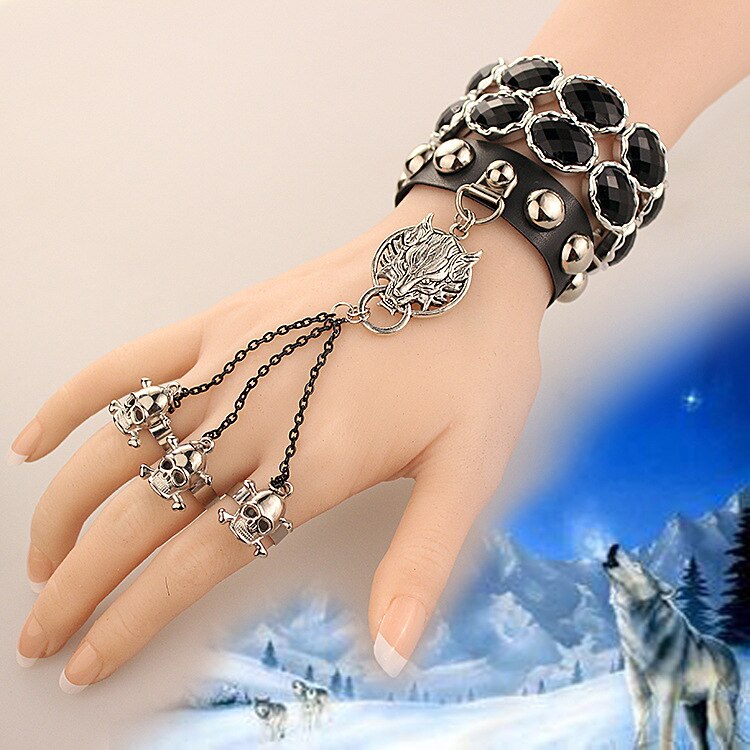 Wolf Schädel Ring Kombiniert Armbinde Armreif Mit Kette Handgelenk Finger Verbunden Schmuck Für Felsen Roamtantic nu Gothic Viktorianischen Punk