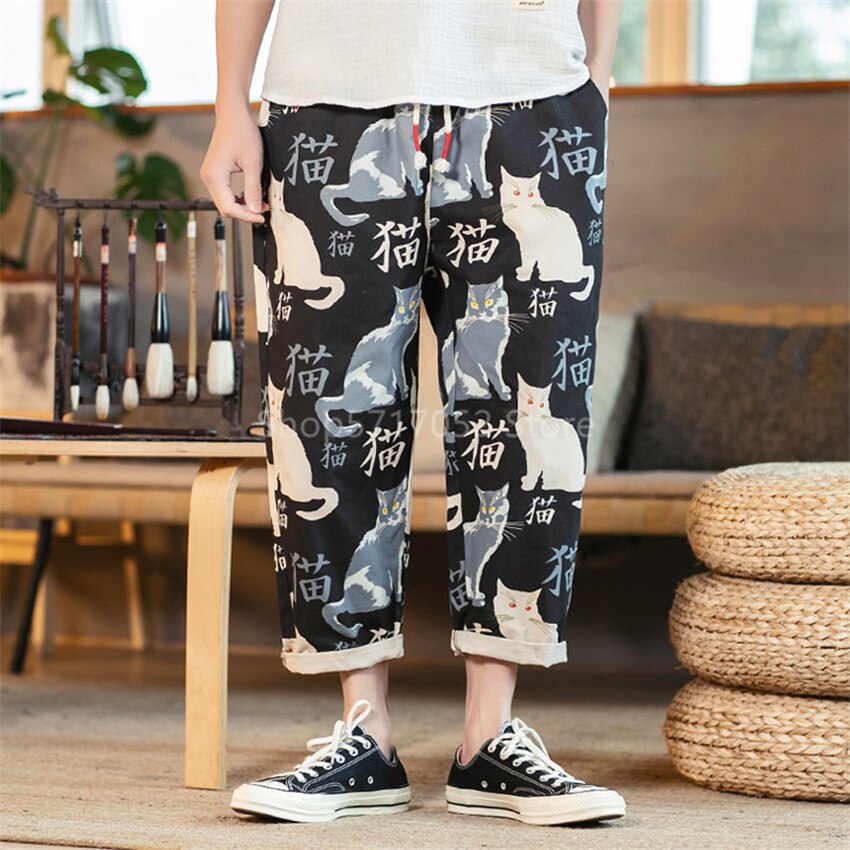 Mænd japansk vintage stil dejligt print kimono kat bukser samurai haori haram bukser harajuku asiatisk tøj yukata