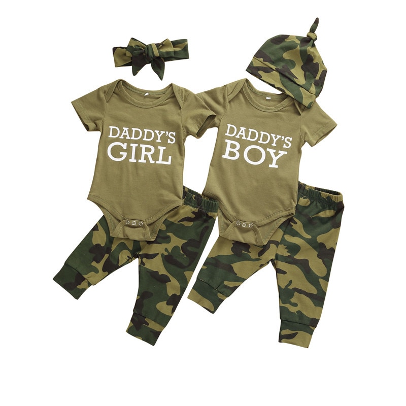Brand Zomer Peuter Kids Baby Jongen Meisje Baby Kleding Romper Tops Camo Print Broek Hoofdband Hoed Outfits 3 stuks Set