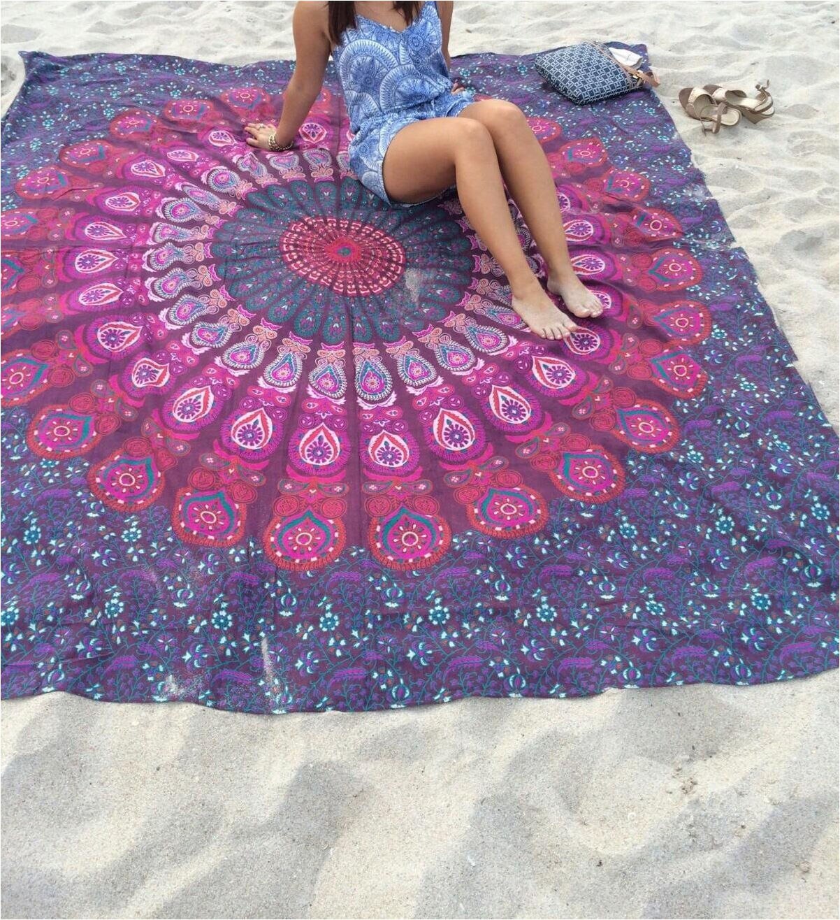 210 x 150cm bærbar bevægelig boho indien mandala chiffon gobelin væghængende seng manta strandhåndklæde 3 farver: Lilla