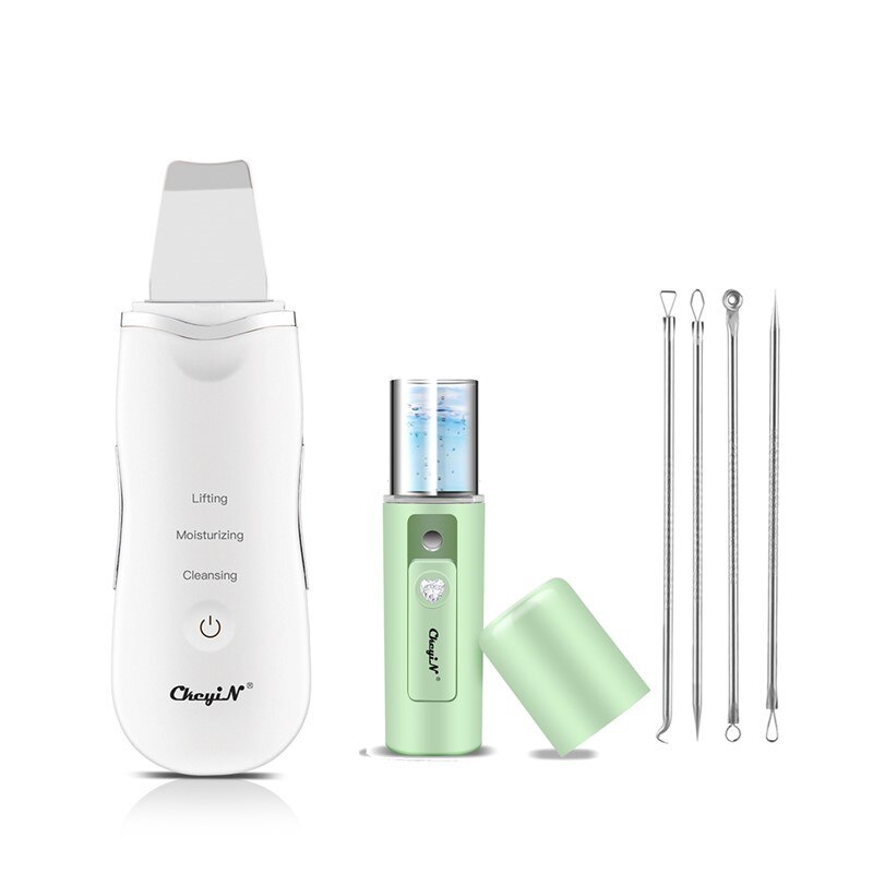CkeyiN Ultrasonic Skin Scrubber Spatula Facial Blackhead Removal Pore Cleaner Exfoliator Face Deep Cleaning + Mini Nano Mister50: White