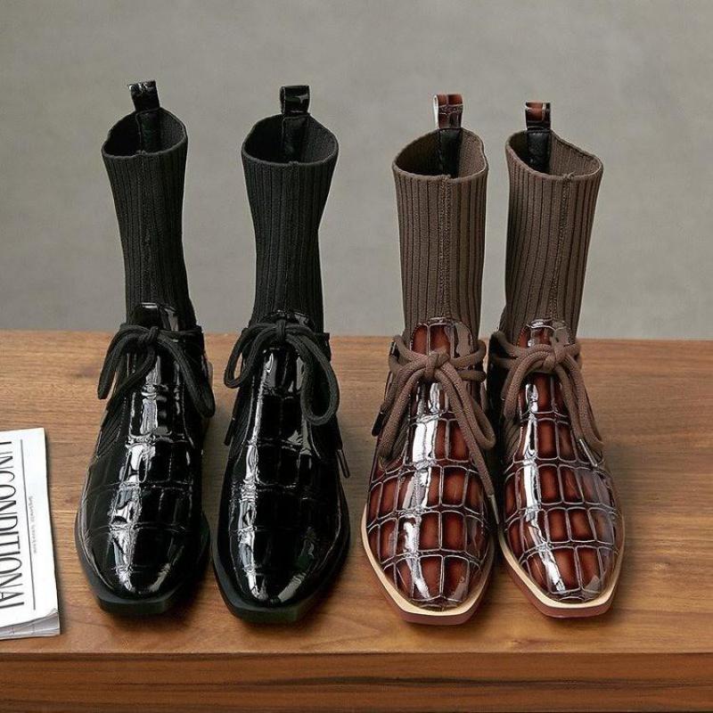 Botines de mujer Retro, zapatos de para mujer, botas a la para mujer, botas de invierno de con punta cuadrada, tela elástica