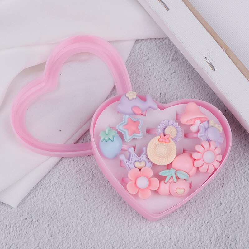 12pcs Mix Cartoon Flower Assorted Resin Plastic Pink Baby Kids Girl Children's Rings With Heart Box Jewelry