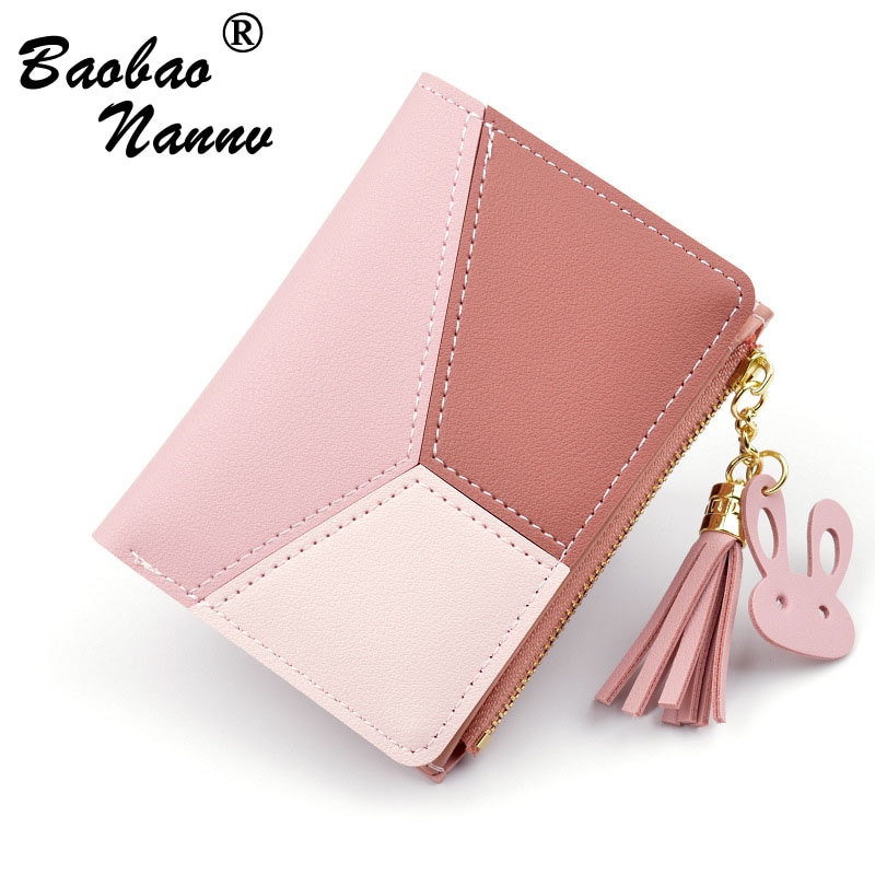 Short Women Wallets Cute Tassel Zipper Purse Patchwork Panelled Wallet Trendy Coin Purse Card Holder Leather