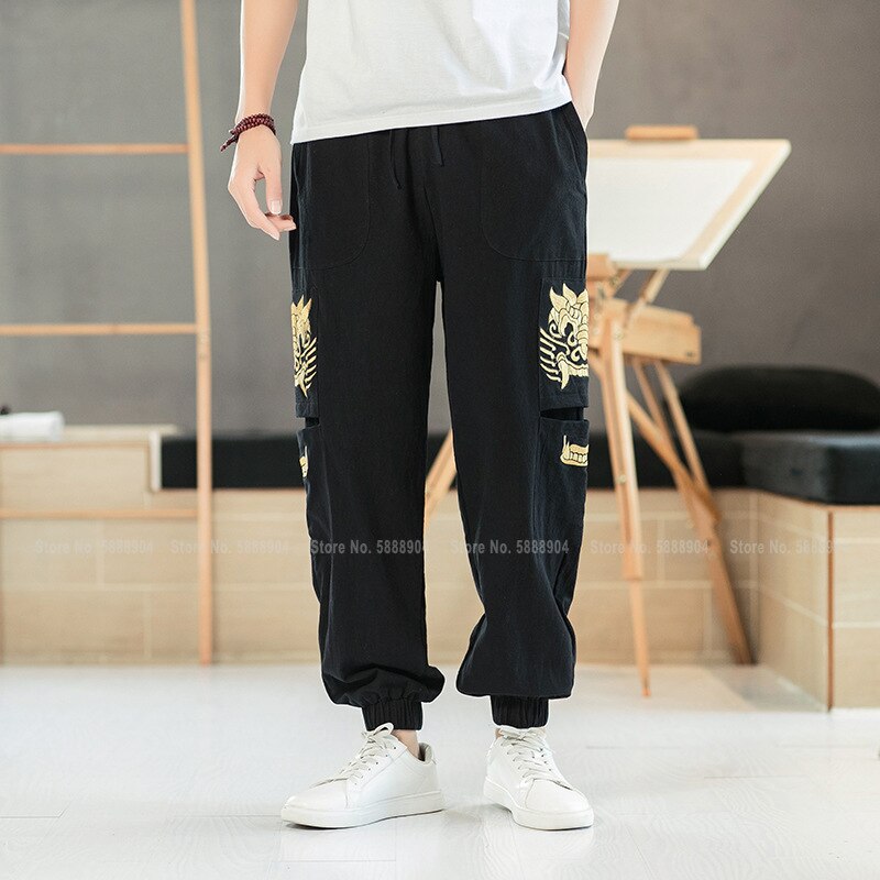 Homme Dragon broderie Style chinois coton lin Bloomers hommes décontracté large jambe pantalon sarouel japonais Streetwear