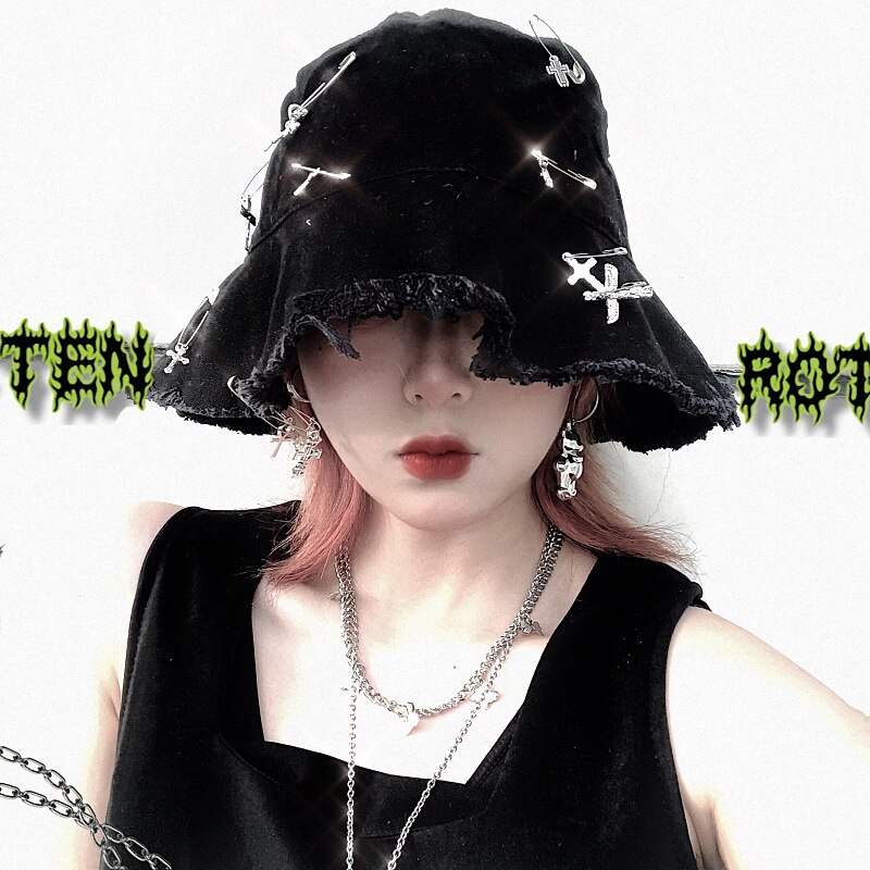 Harajuku Women Punk Cross Decorative Fisherman Hat Sun Hat Gothic Girls Hat Unisex Hip Hop Y2K Canvas Hat