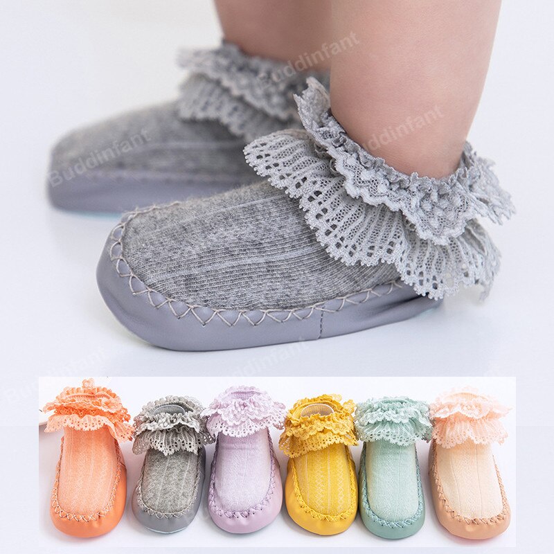 Sokken Meisje Kant Ruche Sokken Met Rubberen Zolen Voor Peuters Rubberen Zool Sokken Prinses Baby Sok Schoen slipper