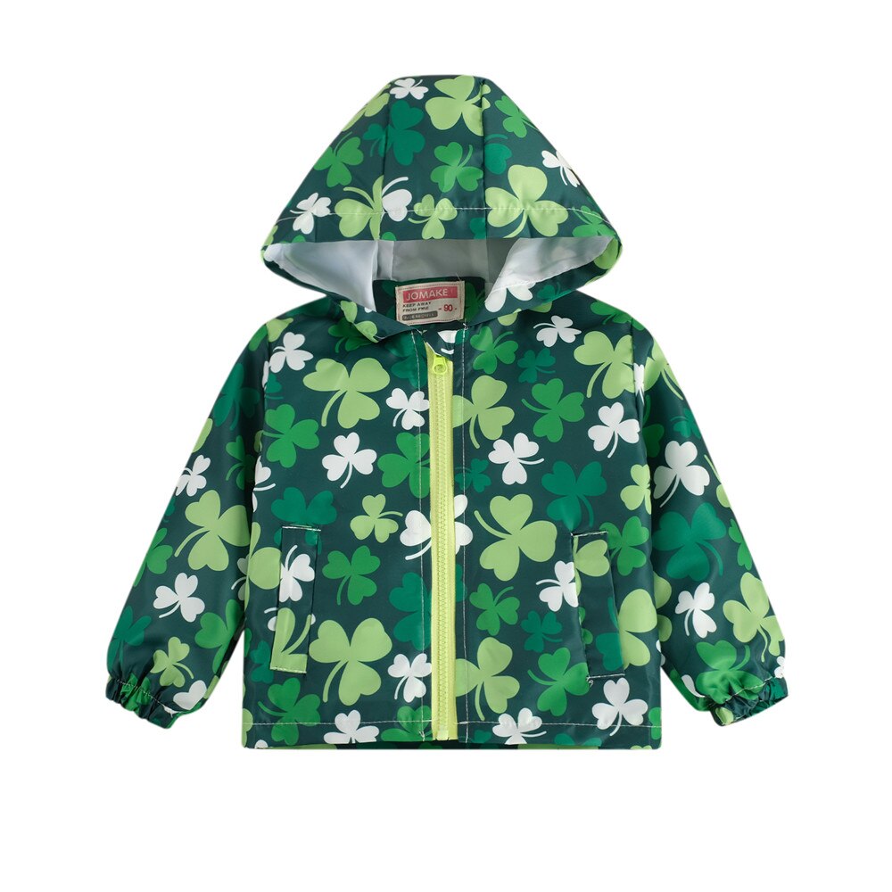 Veste d'automne à capuche pour enfants, vêtements imprimés de dessins animés, trèfle vert frais, manteau coupe-vent, manteaux d'extérieur