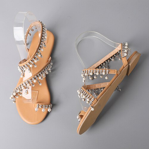 Kvinne bling sandaler sommer kvinner crystal roma dame flip flops dame bohemia beach flats damesko pluss størrelse 46: 6.5