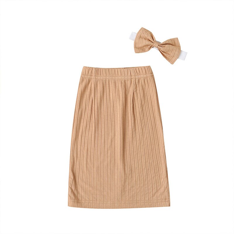 Baby Kids Meisjes Effen Kleur Rok + Bow Haarband Zomer Mode Wilde Peuter Meisjes Tas Hippe Rok: Bruin / 3T